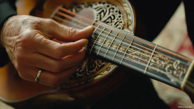 Hand tuning strings on a mandolin in focus.
