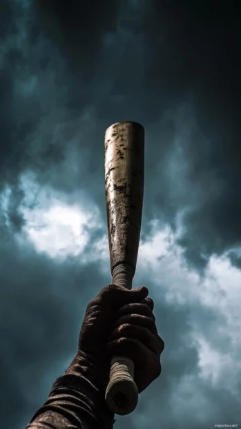 Hands gripping bat in anticipation under dark sky.
