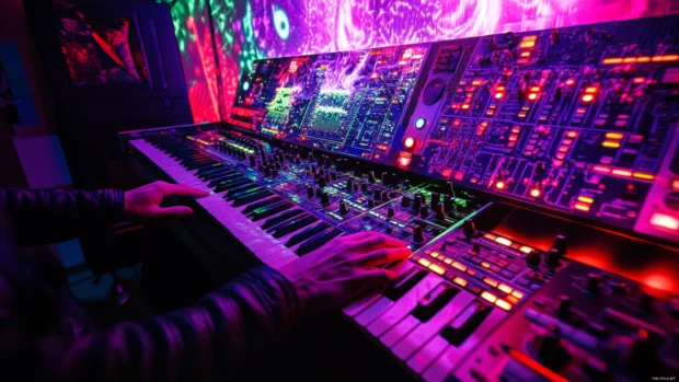 Hands playing synthesizer in neon lit room.