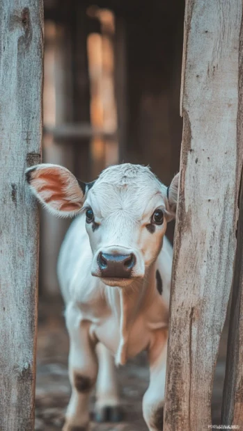 Happy calf playing near a wooden gate in the village.