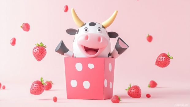 Happy cartoon cow waving from inside a strawberry milk carton.