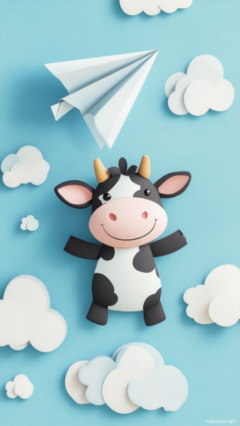 Happy cow flying with paper airplane among doodle clouds (2).