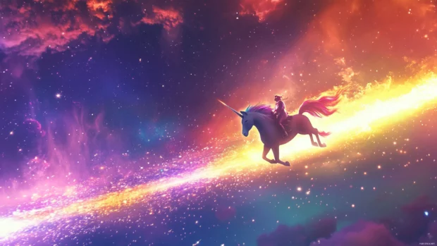 Happy unicorn riding a comet surrounded by rainbow sparks.
