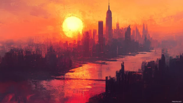 Hazy sunset wraps New York City in a painterly palette.