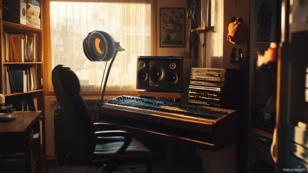 Headphones hanging from mic stand in cozy home studio.