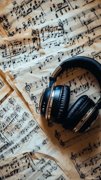 Headphones lying beside open sheet music with visual depth inspired by Headphones and music wallpaper iPhone.