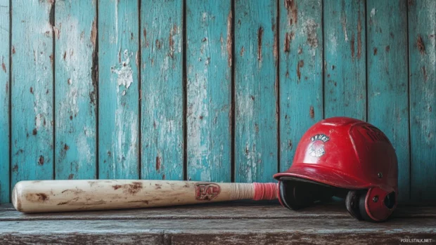 Helmet and bat on bench in dugout.