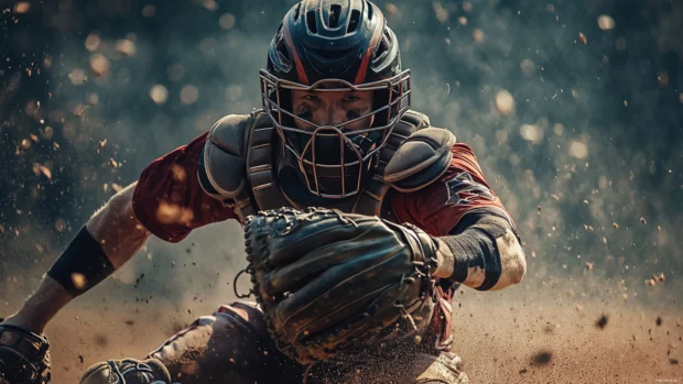 Heroic pose of a catcher in full gear in baseball wallpaper 4k.