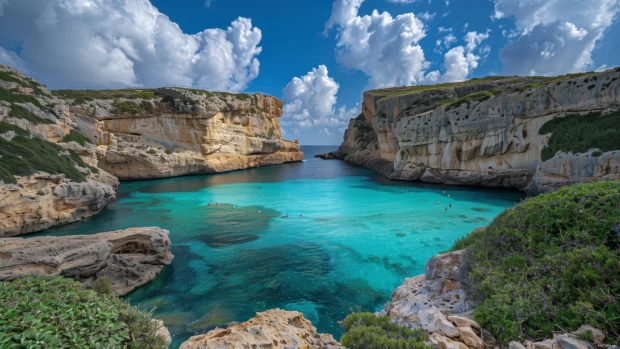 Hidden cove with turquoise water and cliff views.