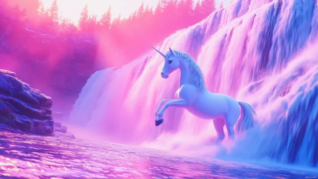 High Resolution Unicorn Wallpaper displaying a unicorn sliding down a pastel waterfall.