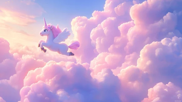 High Resolution Unicorn Wallpaper featuring a cartoon unicorn flying through a pastel candy sky.