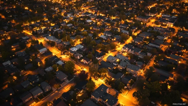 High angle view of the quiet City Night blocks.