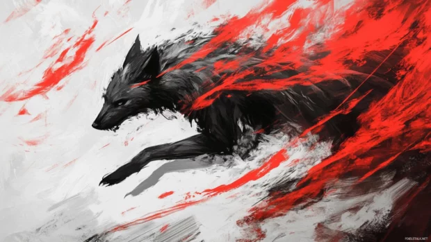High contrast black and white wolf with red streaks on fur.