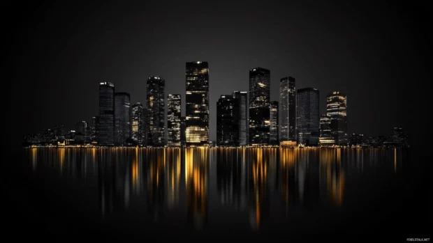 High contrast urban skyline in black city wallpaper glowing against the dusk sky.