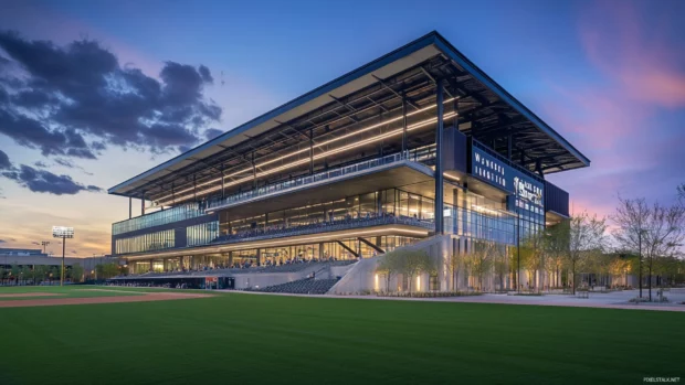 High definition shot of modern baseball stadium with clean lines and glowing signage.