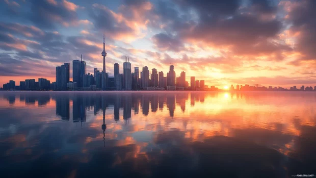High resolution sunrise wallpaper with city skyline reflecting in glass buildings.