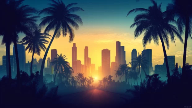High rise buildings framed by palm trees, tropical skyline, soft blue and orange gradient.