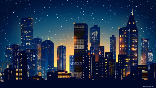 High rise silhouettes outlined by the Nighttime City lights.