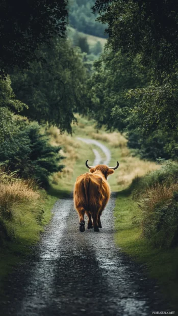 Highland Cow wallpaper showing cow crossing a quiet path.