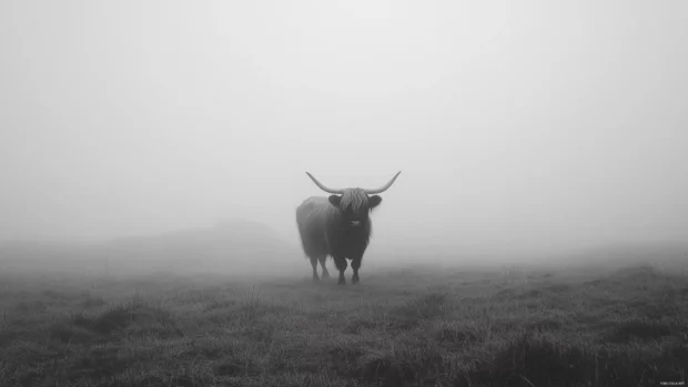 Highland Cow wallpaper with a majestic cow standing in foggy Scottish moorland.