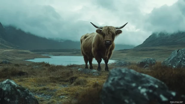 Highland cow framed by distant loch and rocky hills.