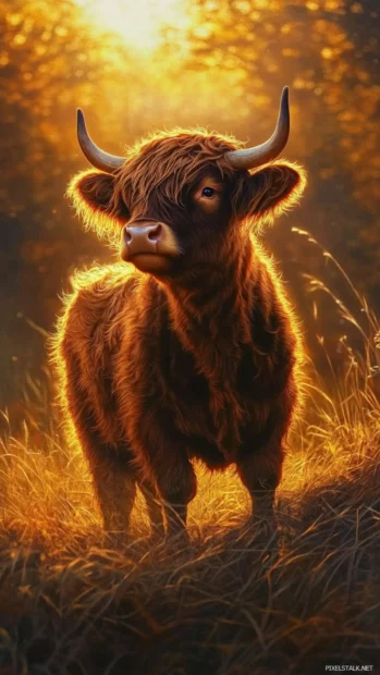 Highland cow illuminated by early sun standing in grass.