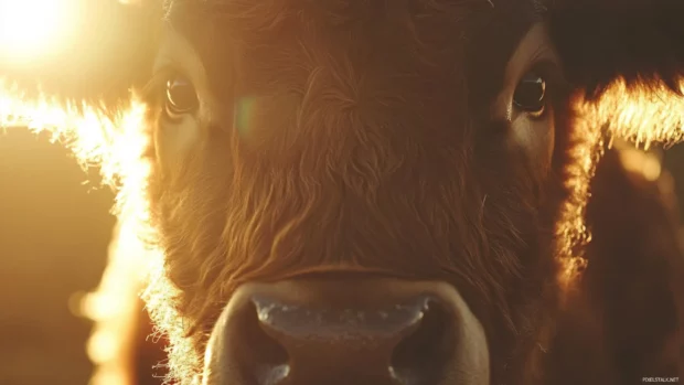 Highland cow looking curiously toward the camera with backlighting.