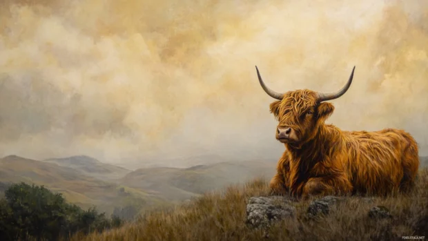 Highland cow on a foggy morning hilltop.