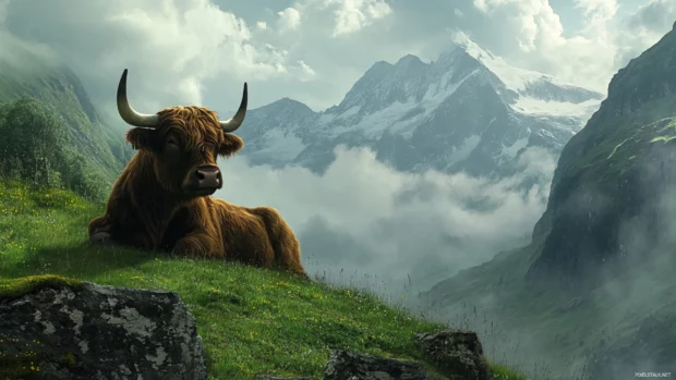 Highland cow resting on hillside with misty mountains behind.