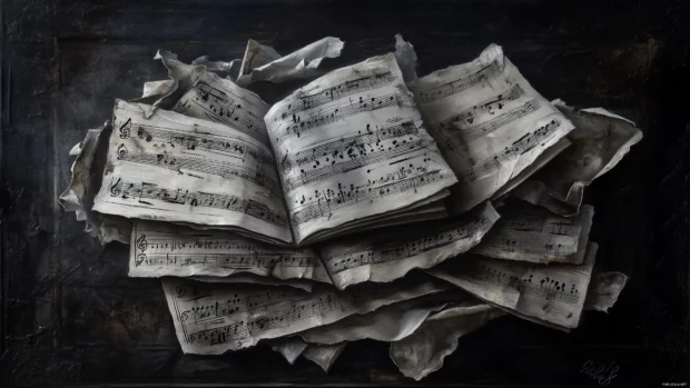 Hints of ink stains and musical notes peeking through artistic arrangement crumpled and aged sheet music sheets scattered across textured background.
