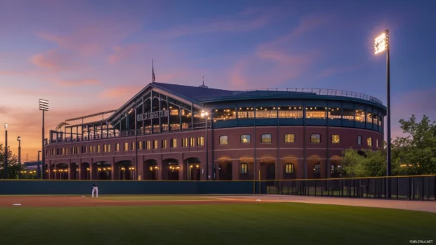 Historic baseball stadium exterior glowing at dusk.