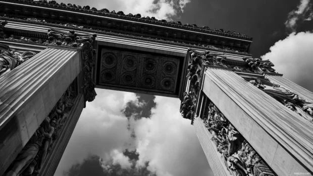 Historic city landmarks appear bold in black and white contrast.