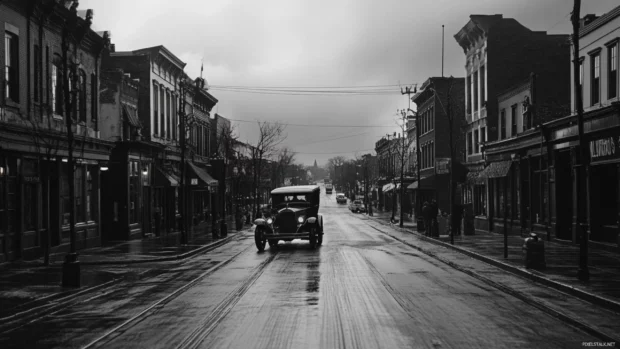 Historic city streets appear timeless in monochrome tones.