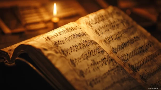 Historical music manuscript lit with dramatic light inspired by Historic music manuscript wallpaper.