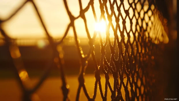 Home plate scene with golden sunlight filtering through net.