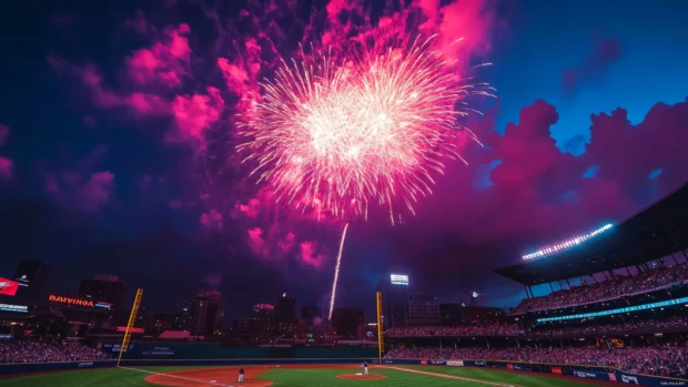 Home run fireworks over a stadium captured in baseball setting.