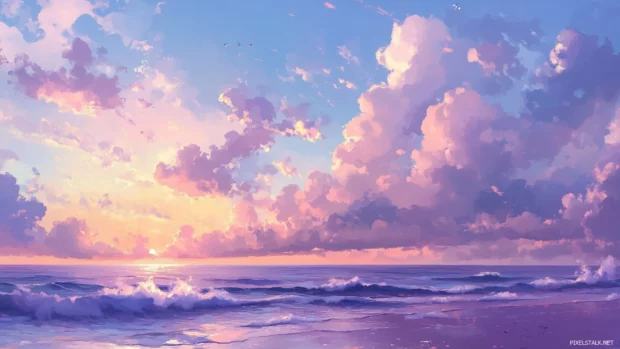 Horizon glowing pastel pinks and lavenders dreamy evening sky over ocean gentle waves roll in.