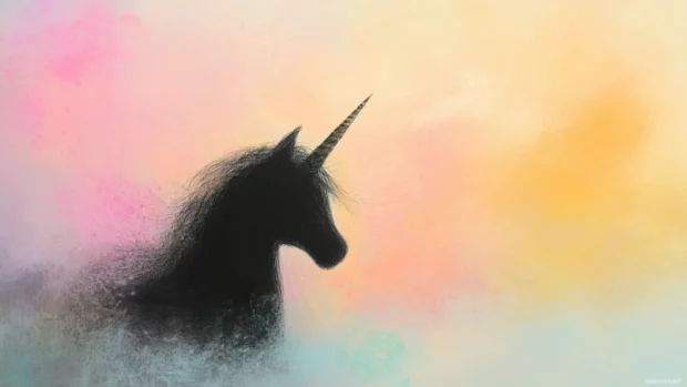Horned silhouette of a unicorn in soft pastels.