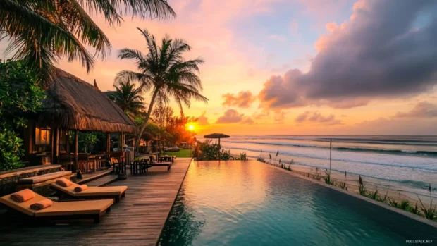 Hotel by the beach with swimming pool and ocean sunset view.