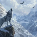 Howling wolf illustration on mountain peak with birds above.