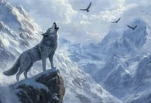 Howling wolf illustration on mountain peak with birds above.