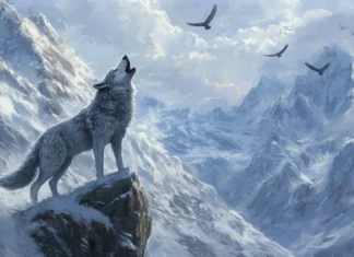 Howling wolf illustration on mountain peak with birds above.