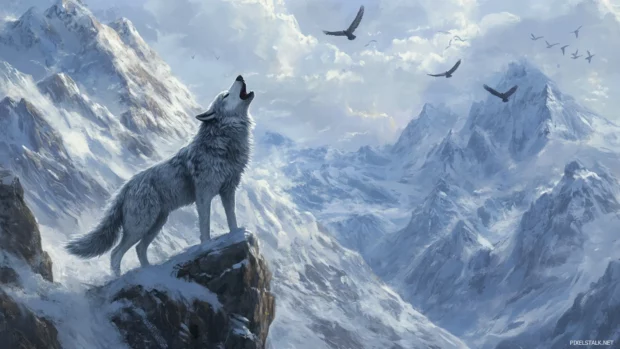 Howling wolf illustration on mountain peak with birds above.