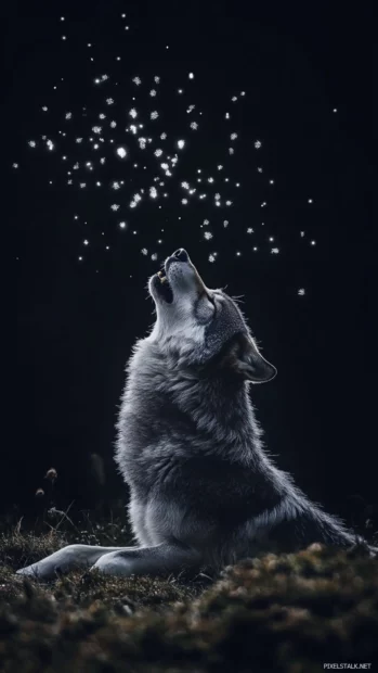 Howling wolf wallpaper featuring glowing particles flying from the wolf breath into the sky.