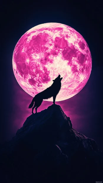 Howling wolf wallpaper showing a silhouette wolf atop a rocky peak with pink moon glow.
