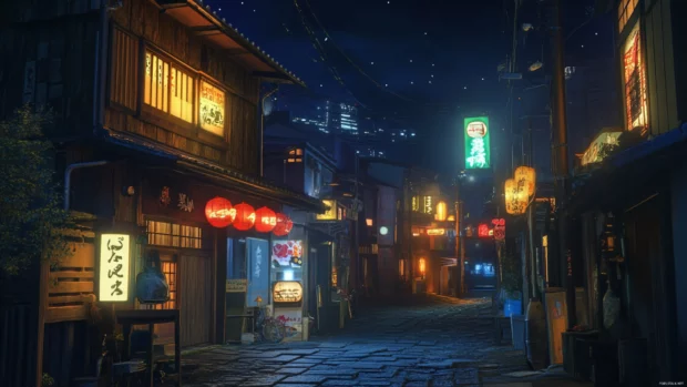 Hushed alleyways contrast with the vibrancy of the nearby night city.