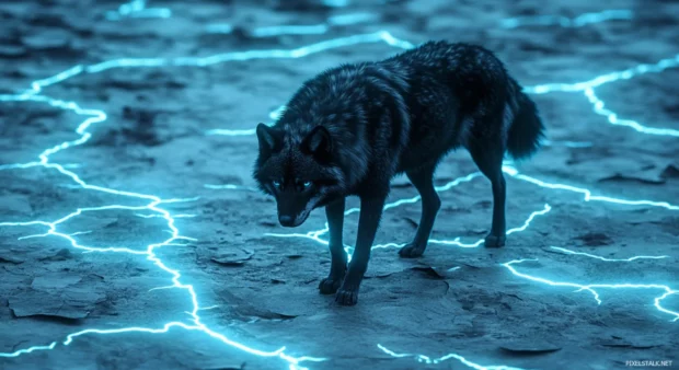 Hyper detailed 3D wolf walking across cracked earth with glowing veins of light beneath.