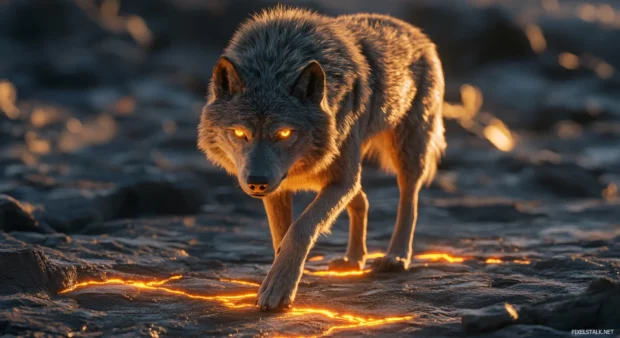 Hyper detailed wolf crossing glowing cracked earth in 3D.