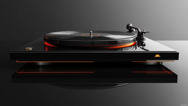 Hyper realistic rendering of a vinyl turntable with reflections, Piano keys 4K wallpaper for desktop.