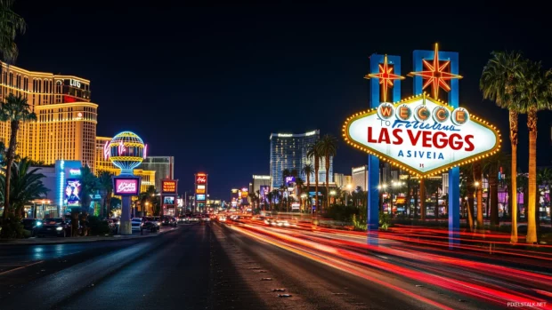 Iconic Vegas sign, busy streets, glowing skyline.